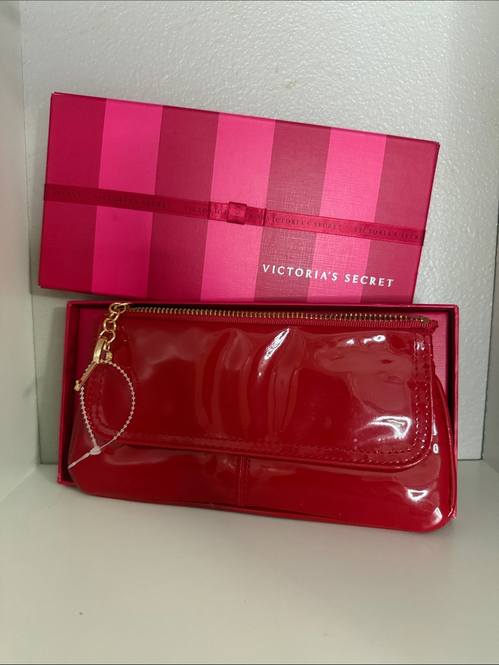 Victoria's Secret Red Patent Wristlet with Gold Key Zipper Pull Hardware & Box